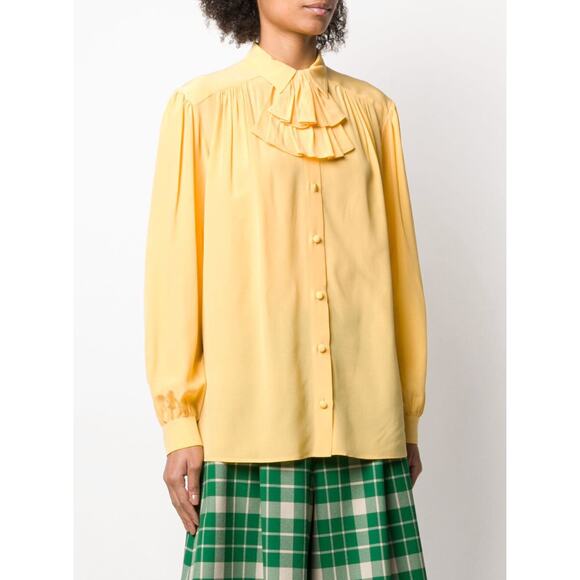 GUCCI Silk Ruffle Jabot Blouse Crepe De Chine Button Down Yellow {L49} - Picture 2 of 9